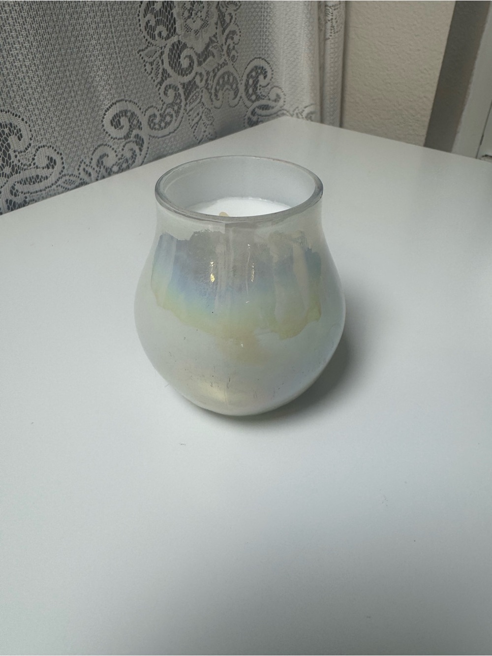Iridescent Glass Candle Jar in White and Pastel Hues, Santal Scent